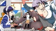 breasts drawing growth giantess black_hair color destruction cleavage green_eyes purple_hair yellow_eyes ripped_clothing outgrowing_room lineni