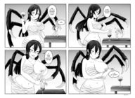 drawing monochrome black_hair long_hair huge_breasts smiling shrunken_man looking_down drinking spider_girl pressed_against_breast breastfeeding dont_starve spider_queen dangler