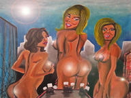 drawing giantess nude blonde long_hair destruction brunette smiling unknown_artist looking_down giantesses crowds