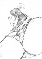 drawing monochrome long_hair smiling big_butt dialogue panty_entrapment no_background ipanick