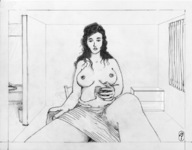 drawing monochrome black_hair long_hair sex bed mini_giantess unknown_artist looking_down indoors
