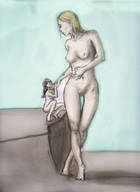 drawing nude blonde long_hair mini_giantess unknown_artist looking_down no_background