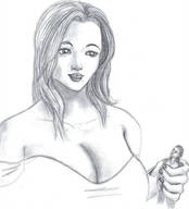 drawing monochrome large_breasts long_hair handheld cleavage smiling unknown_artist shrunken_man looking_down no_background