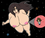 drawing giantess nude blushing earth giga space long_hair planet huge_breasts brunette short_hair unknown_artist on_nipple