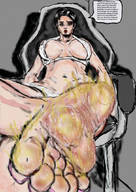 drawing black_hair large_breasts toes barefoot soles sweat short_hair sitting odor dialogue skimpy_clothing ipanick