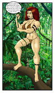 drawing giantess long_hair barefoot brunette unknown_artist muscles jungle outdoors choker dialogue skimpy_clothing armband vine