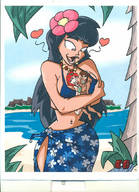 drawing gentle giantess black_hair color long_hair beach cartoon hugging flower