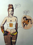 drawing cleavage unknown_artist shrunken_man looking_down dialogue bellybutton no_background cutaway bare_midriff
