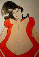 drawing black_hair long_hair angry unknown_artist shrunken_man looking_down annoyed bellybutton no_background in_belly_button bare_midriff