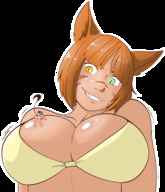 drawing tail large_breasts blue_hair smiling short_hair unknown_artist shrunken_woman looking_down orange_hair no_background heterochromia on_breasts