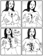 drawing nude comic monochrome blood breast_crush gore unknown_artist shrunken_person between_breasts