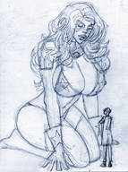 bikini giantess monochrome long_hair cleavage huge_breasts gloves unknown_artist kneeling looking_down no_background