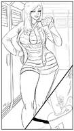 drawing monochrome clothed unknown_artist phone unaware shrunken_woman looking_down hiding indoors