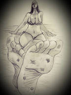 bikini drawing giantess monochrome beach barefoot cleavage unknown_artist sitting sunglasses stuck_to_foot
