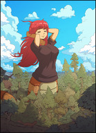 drawing giantess karbo large_breasts long_hair red_hair forest outdoors freckles snake_girl closed_eyes