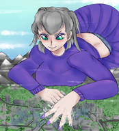 drawing city mega destruction skirt green_eyes short_hair mountains sweater grey_hair purple_nails velvetlily