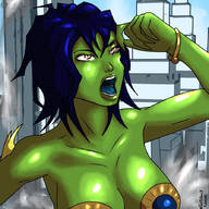 drawing vore city large_breasts cleavage gun blue_hair short_hair open_mouth outdoors between_fingers held_over_mouth shooting green_skin tastysnack