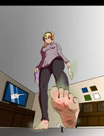 drawing blonde long_hair barefoot sweat smiling unknown_artist headphones looking_down indoors raised_foot odor imminent_crush raised_arms