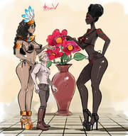 drawing black_hair large_breasts long_hair high_heels mini_giantess dark_skin flower tattoo skimpy_clothing open_toe alexerv