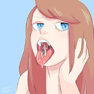 drawing vore long_hair blue_eyes saliva in_mouth_view hand_on_head taiyakkun