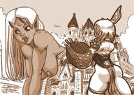 drawing nude horns city monochrome large_breasts armor sword giantesses outdoors shield cramped skimpy_clothing pointed_ears p4blo