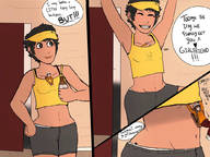 drawing comic black_hair short_hair inside_clothing dialogue panels visor between_breasts sweaterpupster