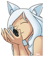 drawing gentle giantess white_hair color handheld smiling fox_ears kitsune robe blazbaros cuddling no_background
