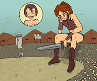 drawing giantess mega color armor sword stadium boots sitting crowds bored helmet gladiator sweat_drop spotlaight alozec