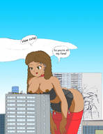 drawing city long_hair destruction skirt brunette bending_over blazehammer dark_skin outdoors curly_hair earrings dialogue eyebrow_ring
