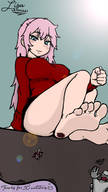 drawing crush blushing long_hair handheld toes barefoot soles blood pink_hair gore unknown_artist sitting foot_crush looking_down raised_foot running_away no_background