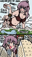 drawing giantess blushing giga city mega long_hair giant male bandages purple_hair angry multiple_sizes couple unknown_artist looking_down mask dialogue