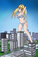 bikini drawing city blonde long_hair destruction clothed unknown_artist twintails vehicles outdoors