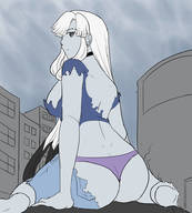 drawing white_hair panties city long_hair destruction barefoot unknown_artist sitting outdoors choker looking_back ripped_clothing frowning grey_skin