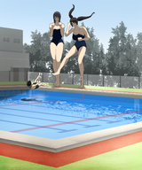 drawing giantess black_hair long_hair swimsuit barefoot unknown_artist twintails pool giantesses swimming outdoors kicking