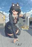 drawing giantess color skirt buildings red_eyes cat_ears thigh_highs earrings miaokong