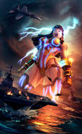 drawing giantess black_hair long_hair armor water ocean storm jets outdoors battleship ships lightning glowing
