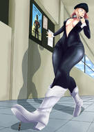 drawing large_breasts long_hair cleavage brunette unknown_artist walking unaware hat choker my_hero_academia skintight_clothing