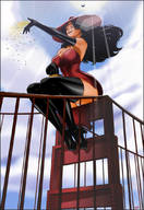 breasts drawing gentle giantess panties mega black_hair color bridge high_heels gloves dress boots sitting thighs hat golden_gate_bridge giant_girl