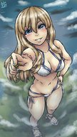 bikini drawing giantess giga blonde color blue_eyes cleavage finger_crush between_fingers looking_at_viewer emernaga