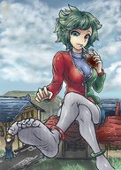 drawing giantess destruction stockings green_hair short_hair sitting shorts drinking outdoors ankle_bracelet on_foot hanging_on legs_crossed heterochromia embernaga skintight_clothing
