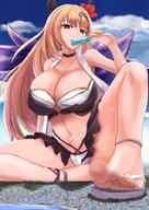 drawing giantess giga city blonde color destruction cleavage red_eyes looking_at_viewer popsicle exrumya