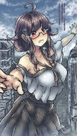 giantess blushing city large_breasts glasses embarrassed looking_down clumsy outdoors japanese_text ahoge bracelet embernaga