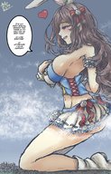 drawing giantess blushing giga long_hair bunny_ears clothed huge_breasts brunette smiling kneeling heart looking_down dialogue hairband embernaga