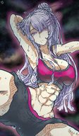 drawing giantess giga space color planet cleavage bra purple_hair purple_eyes abs emernaga