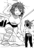 drawing growth upskirt monochrome barefoot huge_breasts socks short_hair mini_giantess unknown_artist looking_up cramped outgrowing_room