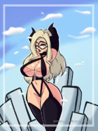 drawing horns city blonde long_hair huge_breasts outdoors thick_thighs skimpy_clothing my_hero_academia mt._lady bigmoneyjugs