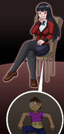 blushing black_hair long_hair butt_crush unknown_artist sitting shrunken_man looking_down chair no_background unknown cutaway kakegurui