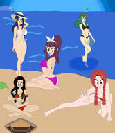 bikini drawing giantess blushing black_hair large_breasts long_hair purple_hair blue_hair green_hair red_hair unknown_artist sitting reaching looking_down giantesses tinies