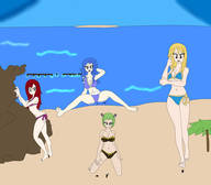 bikini drawing giantess blonde large_breasts beach blue_hair green_hair red_hair unknown_artist walking giantesses outdoors fairy_tail tinies brandish