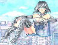drawing giantess city black_hair color cleavage gloves boots sitting leaning_on_building heterochromia eminahimesama